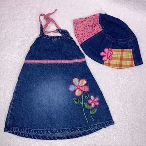 TCP vintage denim jumper and matching reversible sun hat 6/12m